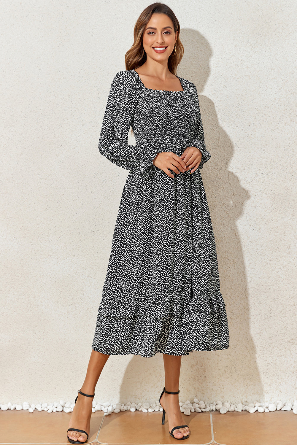 Stacey B's Floral Printed Long Sleeve Square Neck Midi Dress