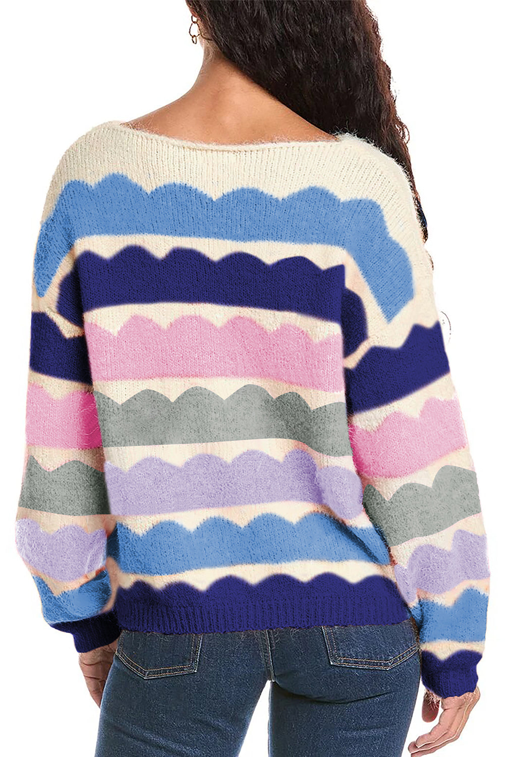 Stacey B's Gray Wave Striped Balloon Sleeve Drop Shoulder Sweater