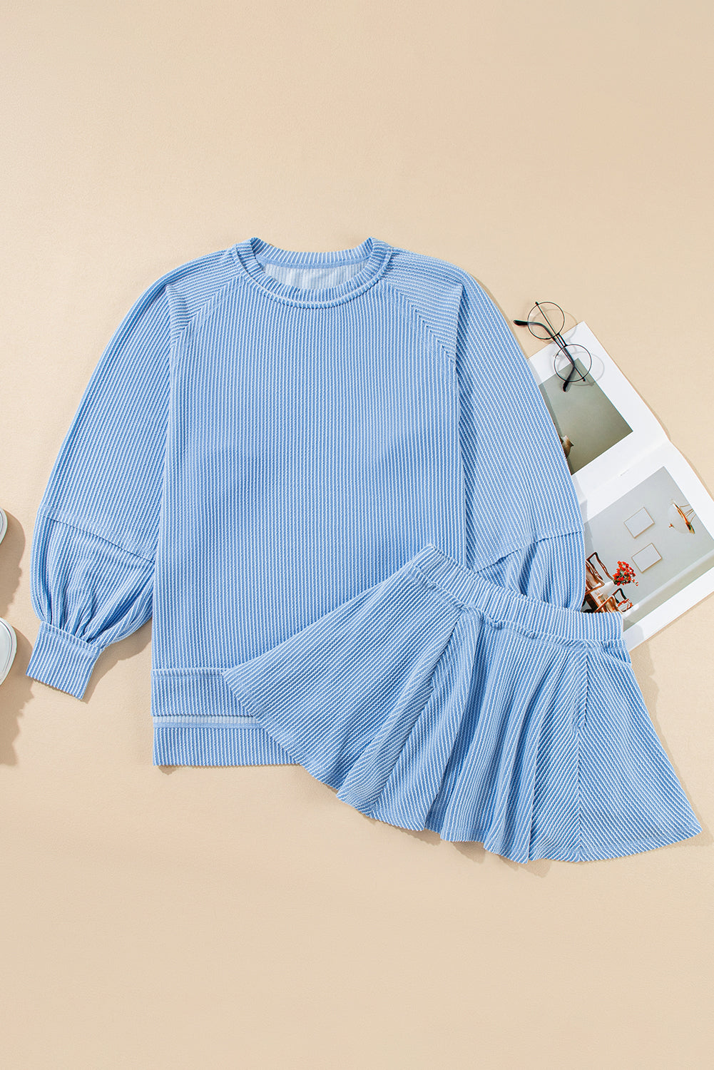 Stacey B's Jet Stream Corded Lantern Sleeve Pullover and Ruffle Mini Skirt Set