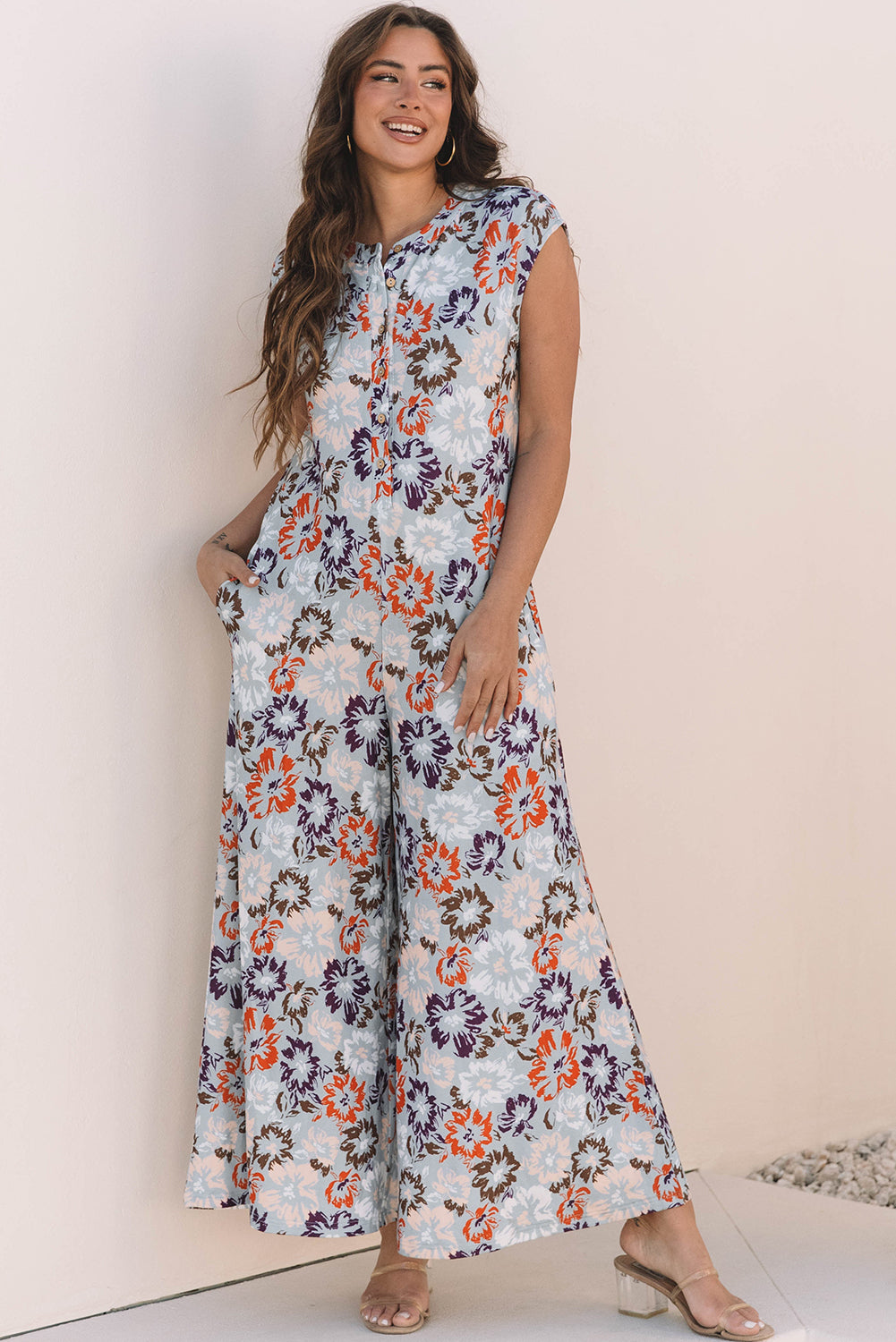 Stacey B's Sky Blue Floral Sleeveless Buttoned Pocketed Wide Leg Jumpsuit