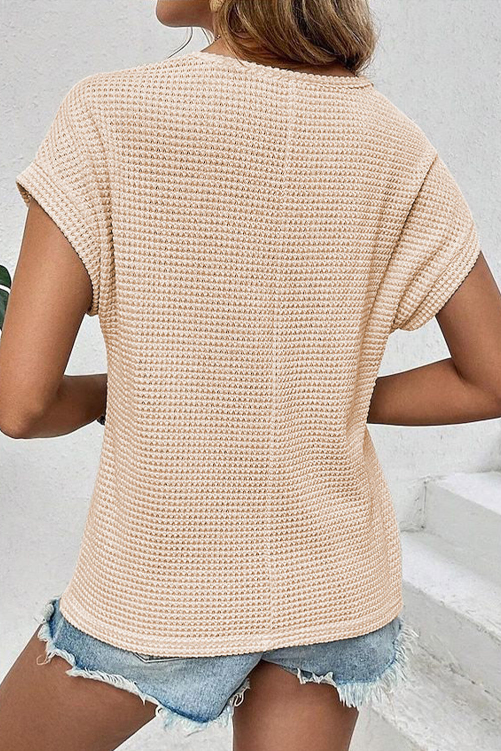 Stacey B's Oatmeal Lace Patchwork Waffle Short Sleeve Top