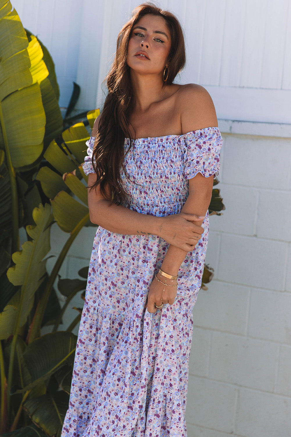 Stacey B's Purple Floral Short Bubble Sleeve Shirred High Waist Maxi Dress