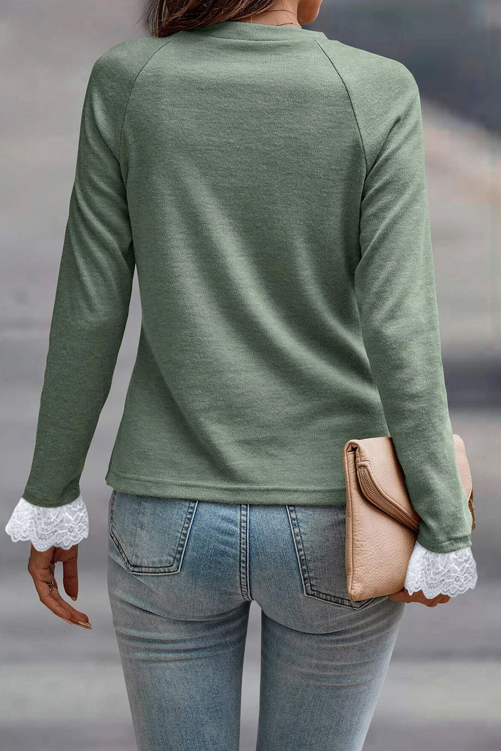 Stacey B's Parchment Seam Detail Lace Contrast Cuffs Raglan Sleeve Top