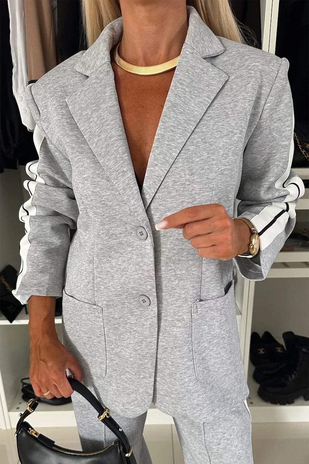 Stacey B's Full Size Contrast Lapel Collar Top and Pants Set