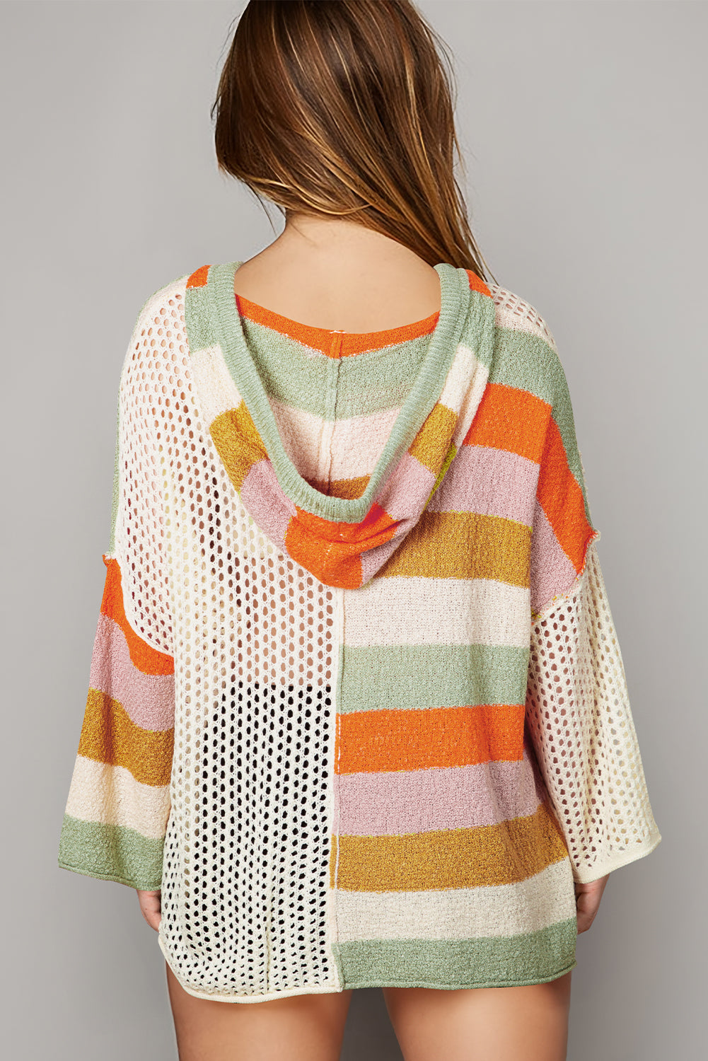 Stacey B's Beige Oversized Colorblock V Neck Hooded Sweater