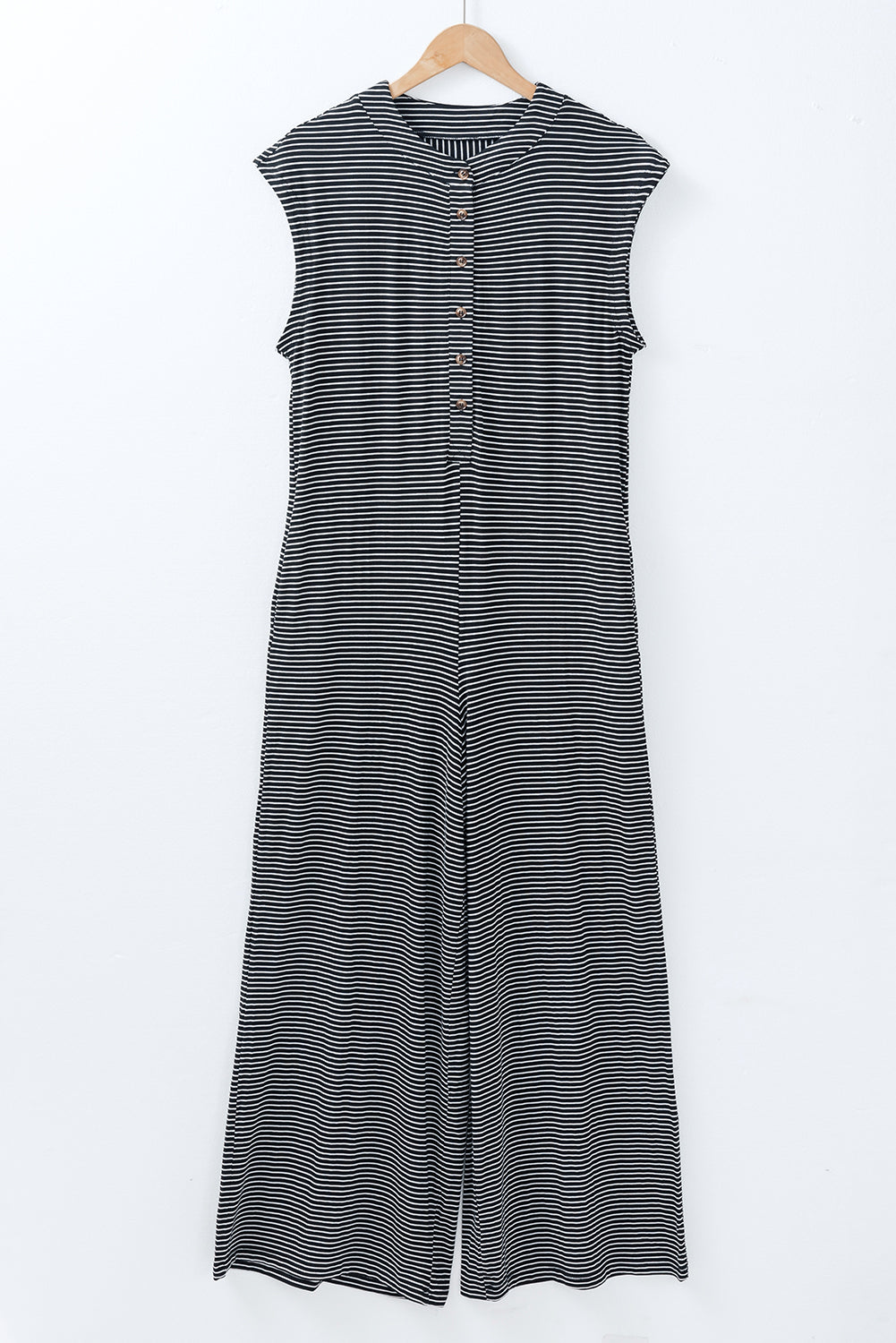 Stacey B's Black white Striped Print Buttoned Wide Leg Sleeveless Jumpsuit