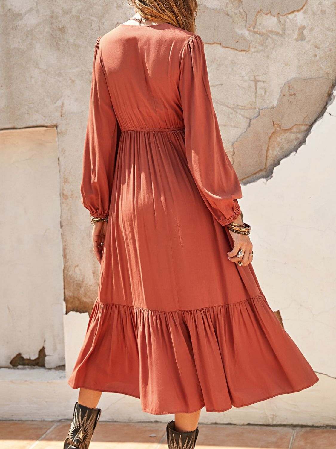 Stacey B's Ruched V-Neck Long Sleeve Midi Dress