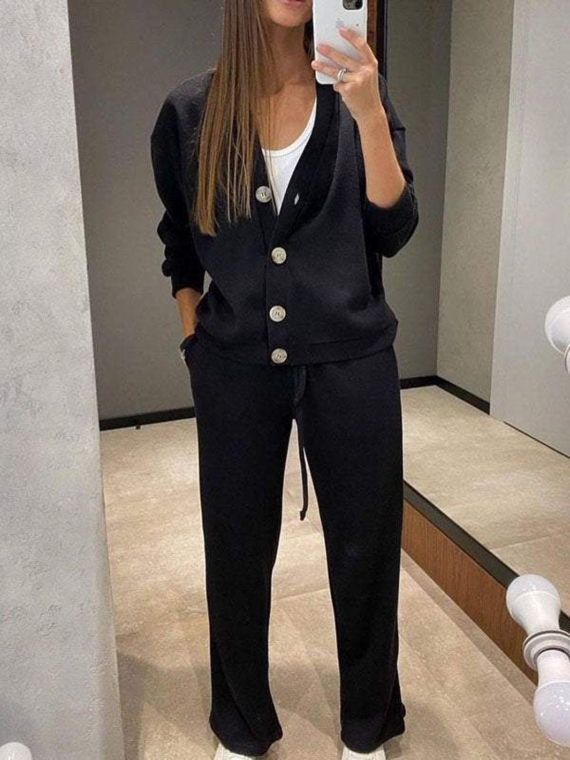 Stacey B's Full Size Button Up Long Sleeve Top and Pants Set