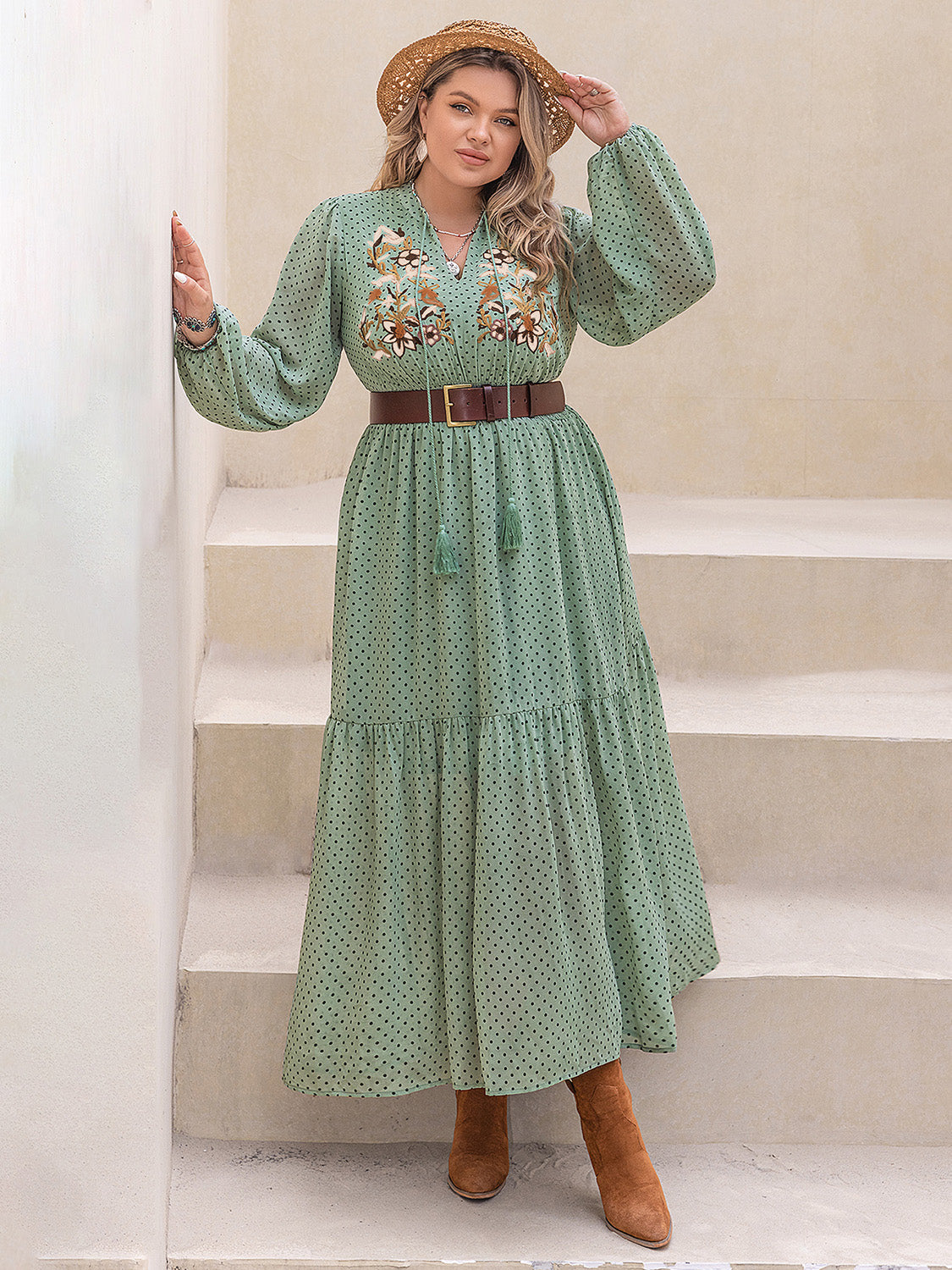 Stacey B's Tassel Printed Tie Neck Long Sleeve Midi Dress