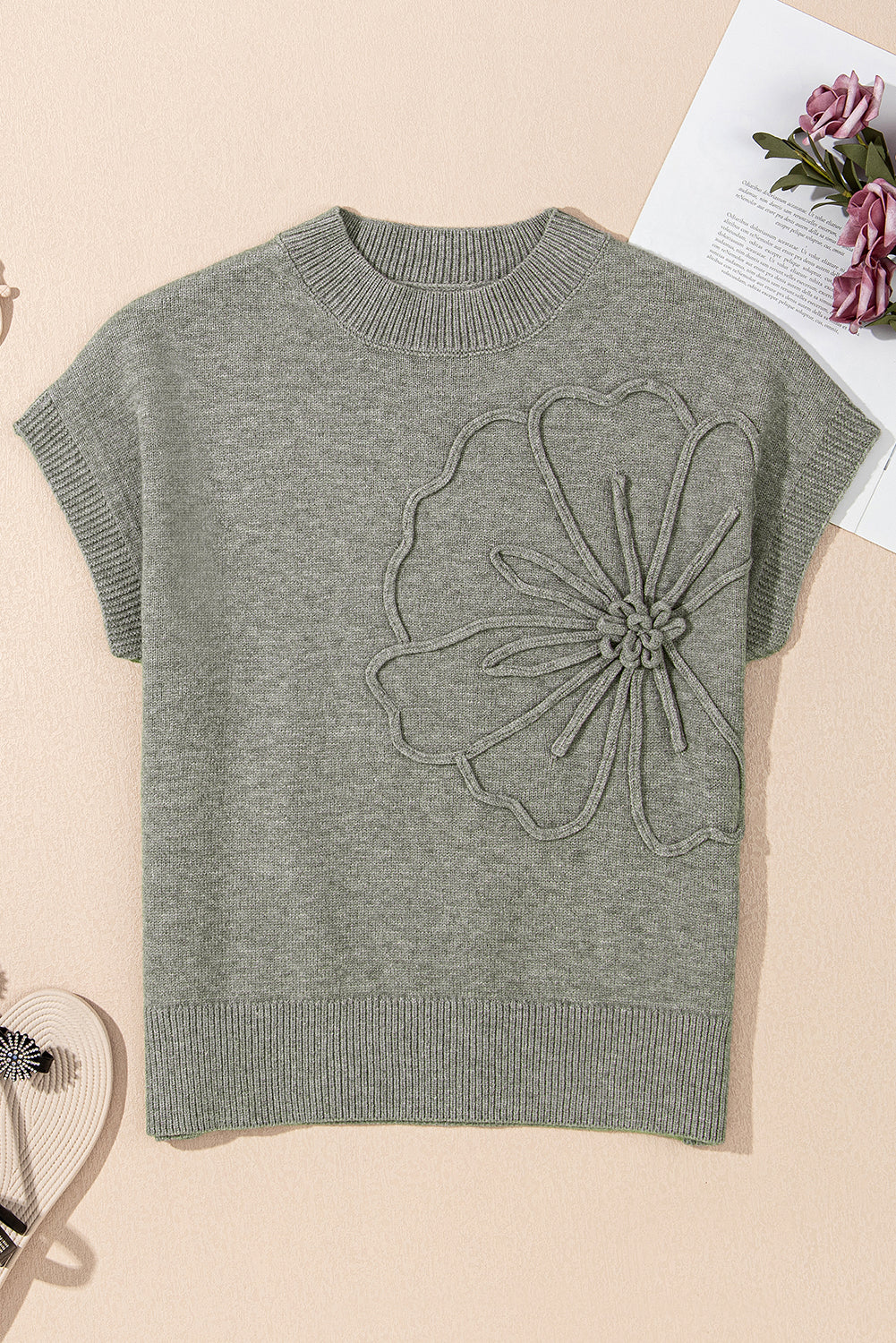 Stacey B's High Flower Pattern Ribbed Trim Short Sleeve Boxy Sweater