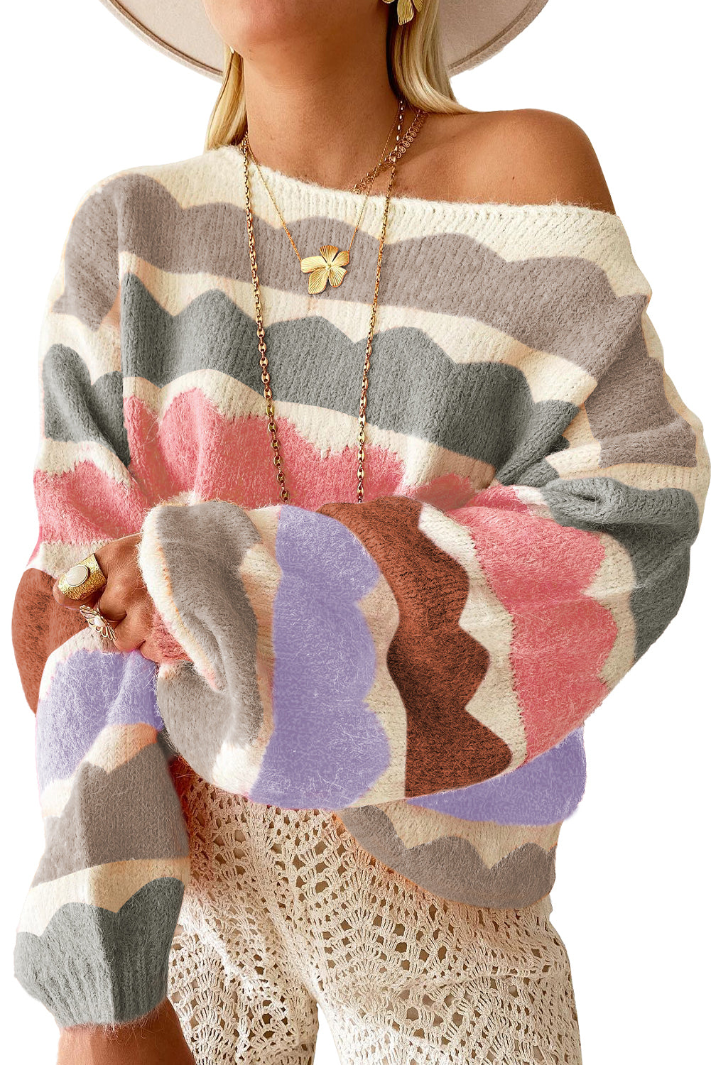 Stacey B's Gray Wave Striped Balloon Sleeve Drop Shoulder Sweater