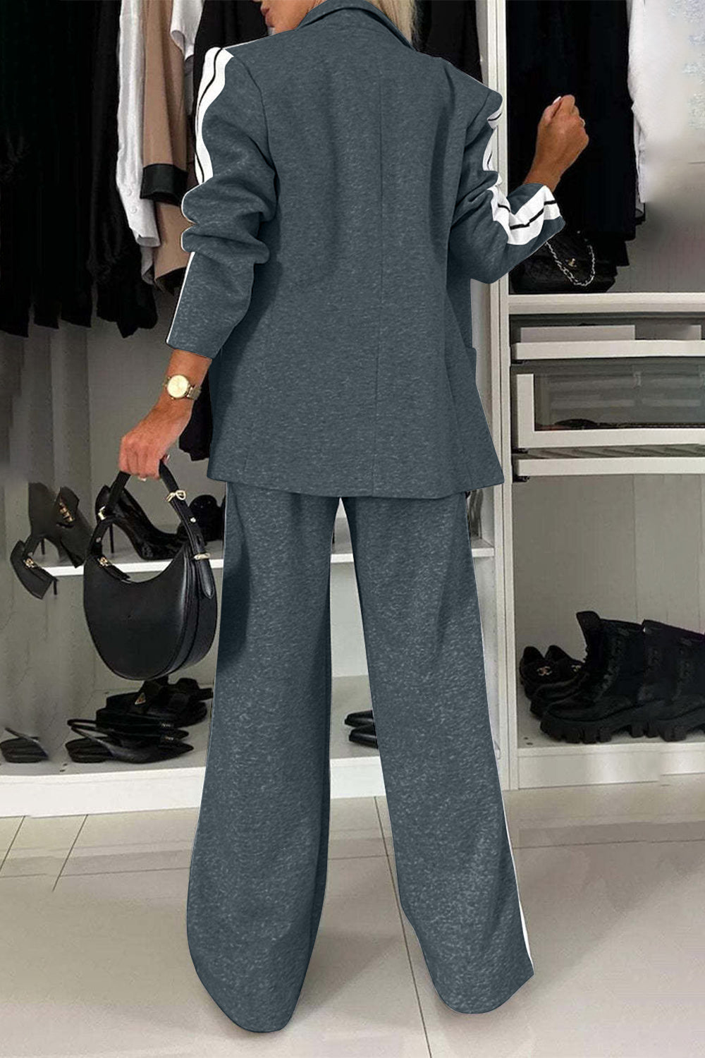 Stacey B's Full Size Contrast Lapel Collar Top and Pants Set