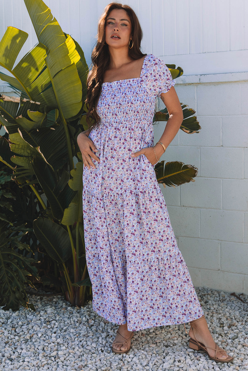 Stacey B's Purple Floral Short Bubble Sleeve Shirred High Waist Maxi Dress