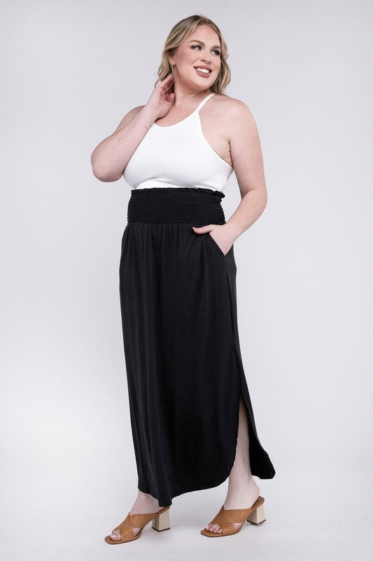 Stacey B's Plus Smocked Waist Side Slit Maxi Skirt w/ Pockets