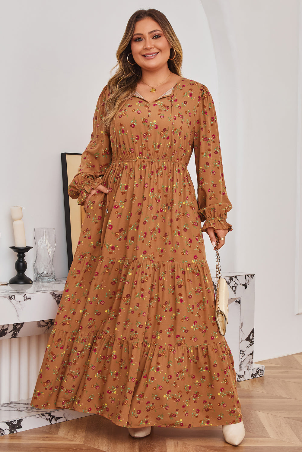 Stacey B's Brown Plus Size Floral Split V Neck Ruffled Sleeve Tiered Maxi Dress