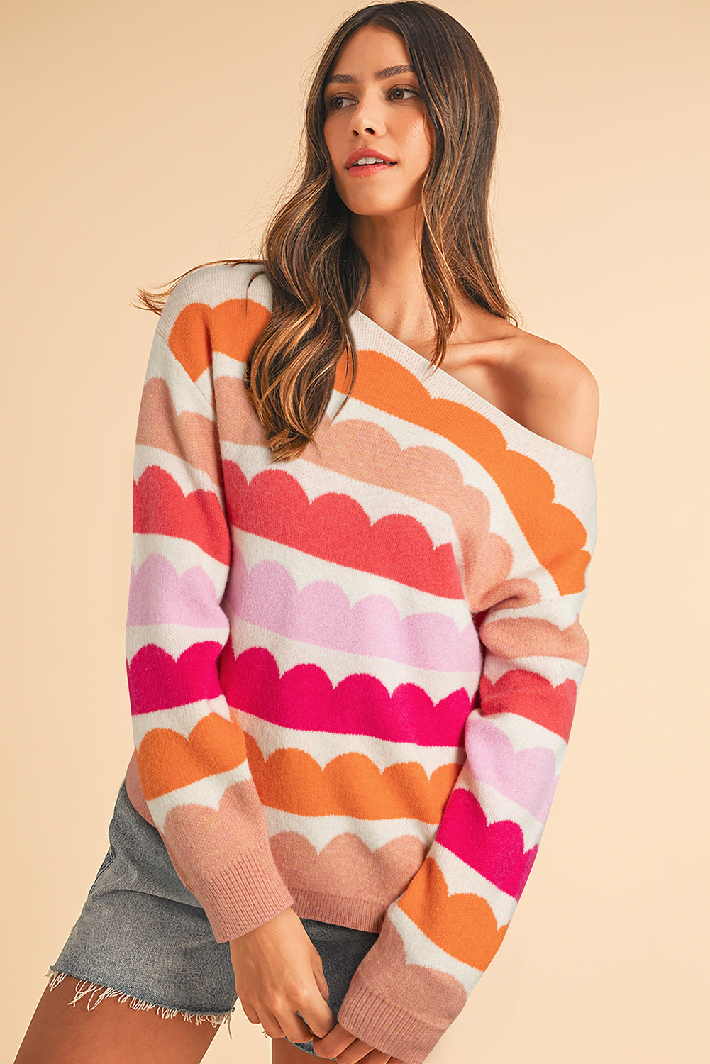 Stacey B's Gray Wave Striped Balloon Sleeve Drop Shoulder Sweater