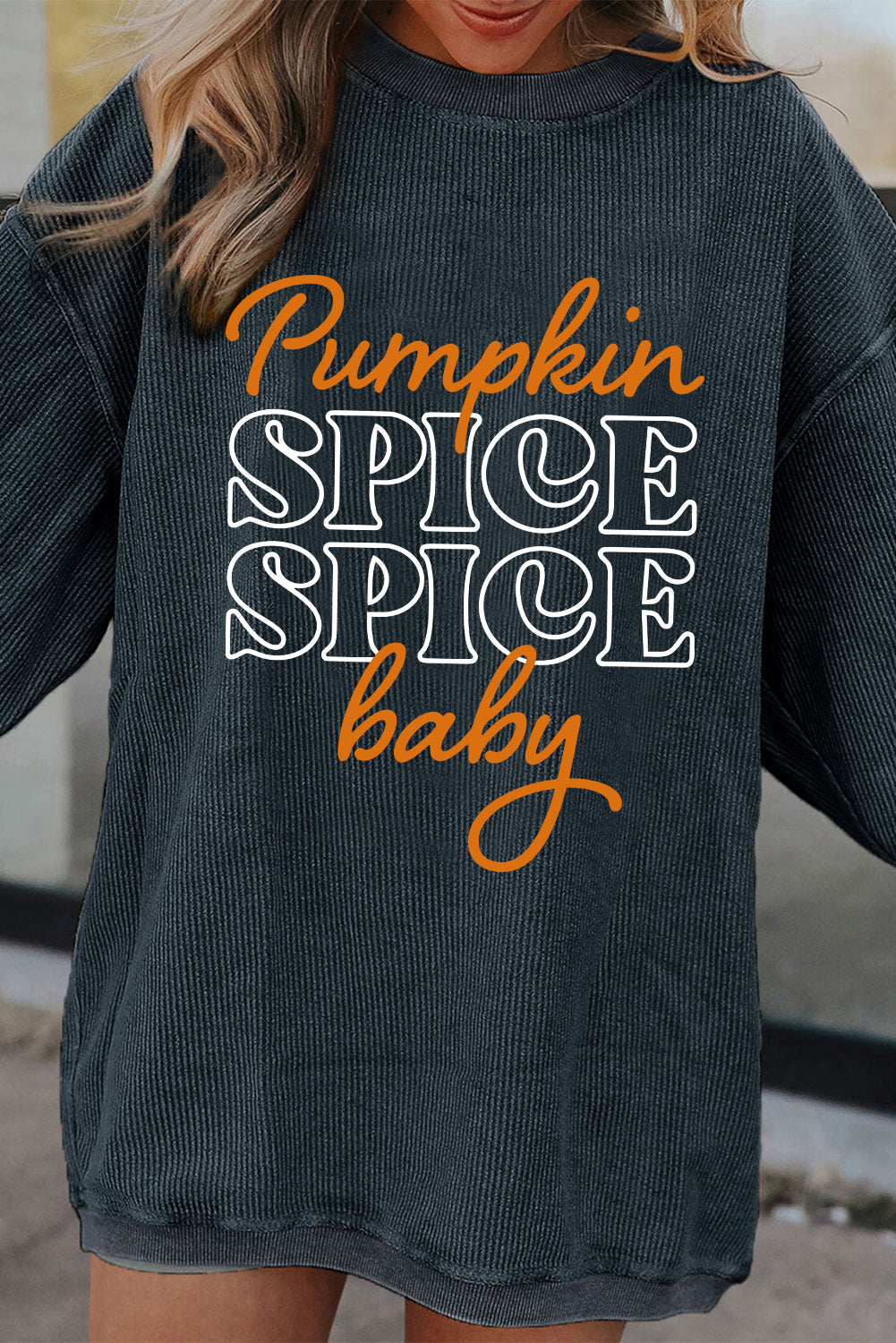 Stacey B's Dark Grey Halloween Pumpkin Spice Baby Graphic Textured Sweatshirt