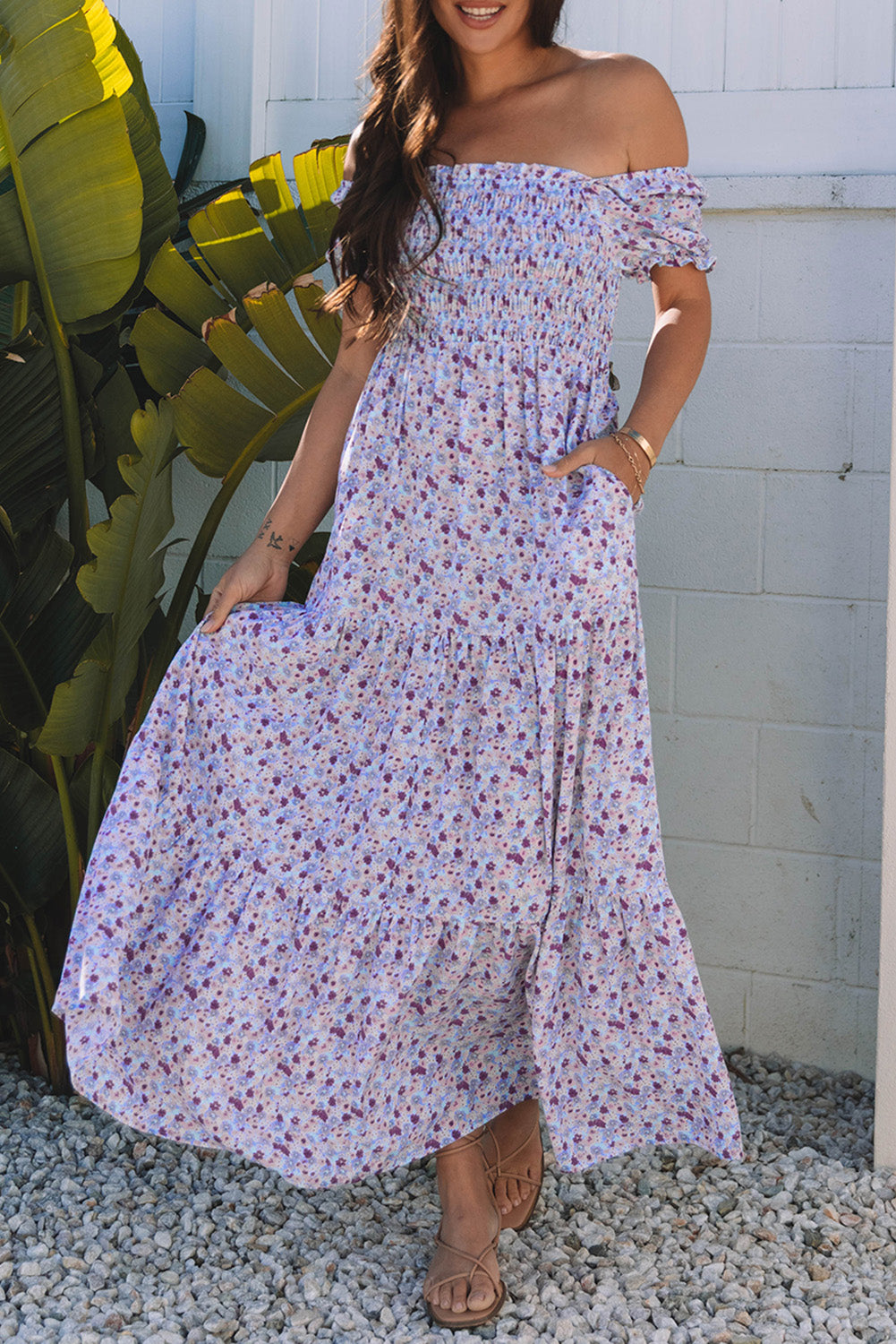 Stacey B's Purple Floral Short Bubble Sleeve Shirred High Waist Maxi Dress