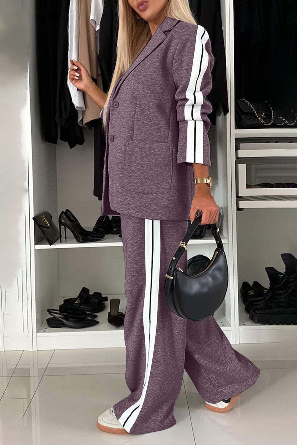 Stacey B's Full Size Contrast Lapel Collar Top and Pants Set