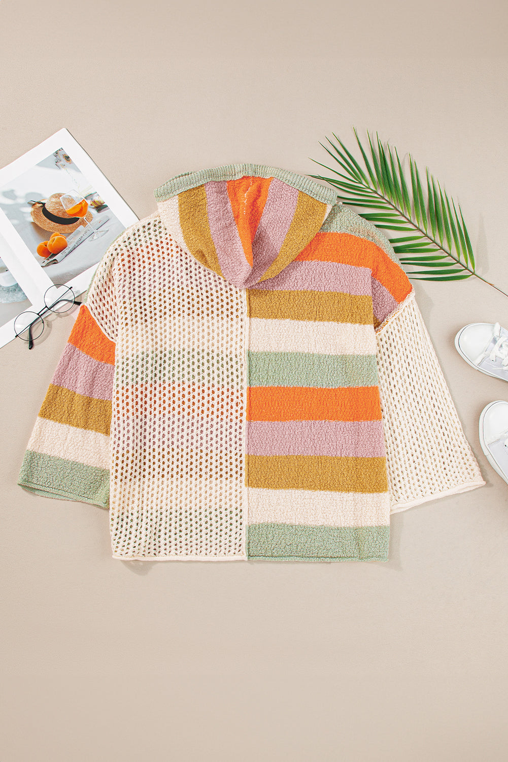 Stacey B's Beige Oversized Colorblock V Neck Hooded Sweater