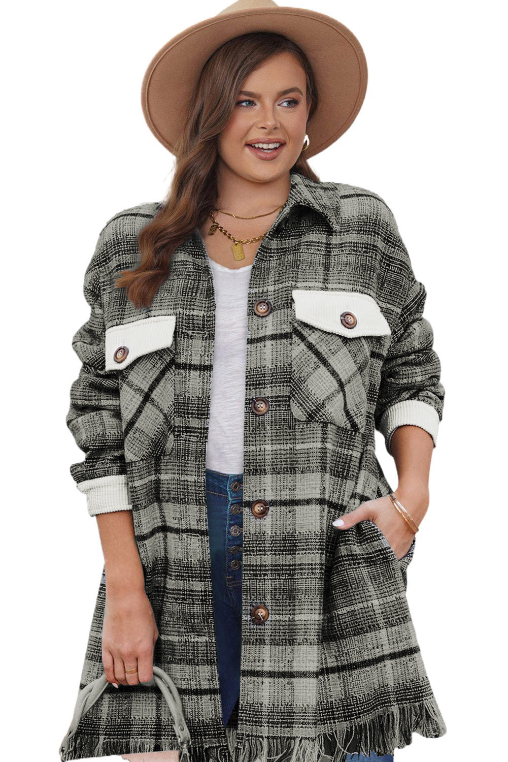 Stacey B's Black Plus Size Macrame Plaid Coat