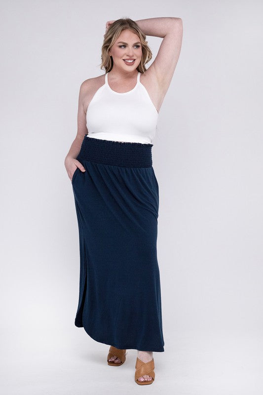 Stacey B's Plus Smocked Waist Side Slit Maxi Skirt w/ Pockets