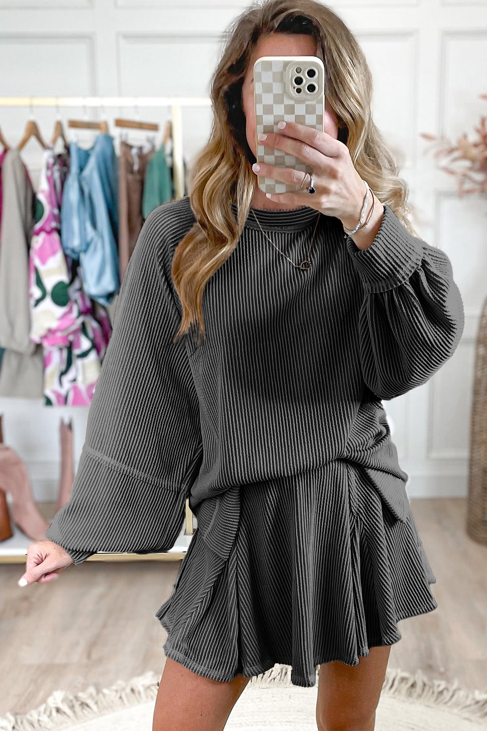 Stacey B's Jet Stream Corded Lantern Sleeve Pullover and Ruffle Mini Skirt Set