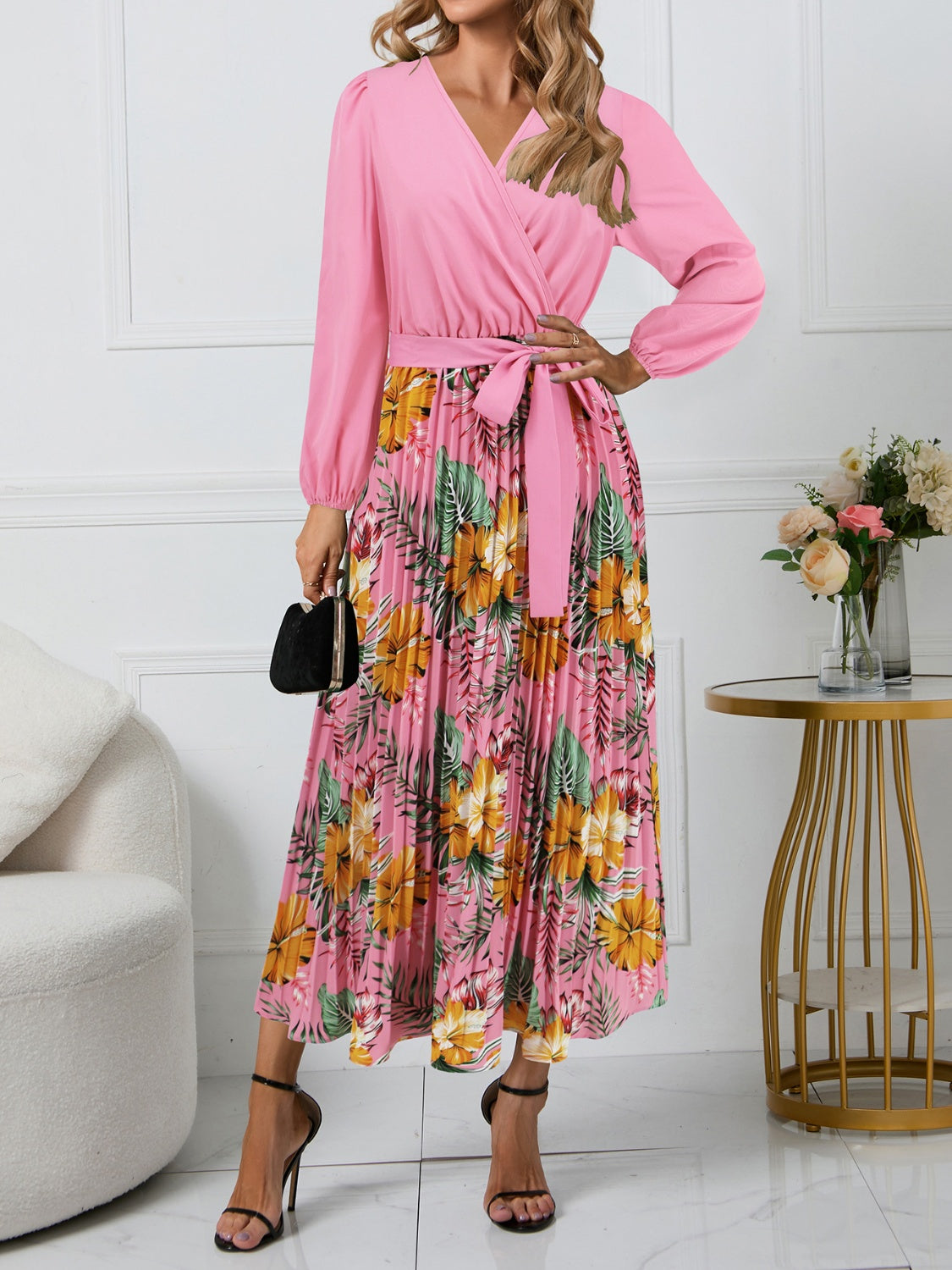 Stacey B's Pleated Printed Surplice Long Sleeve Dress