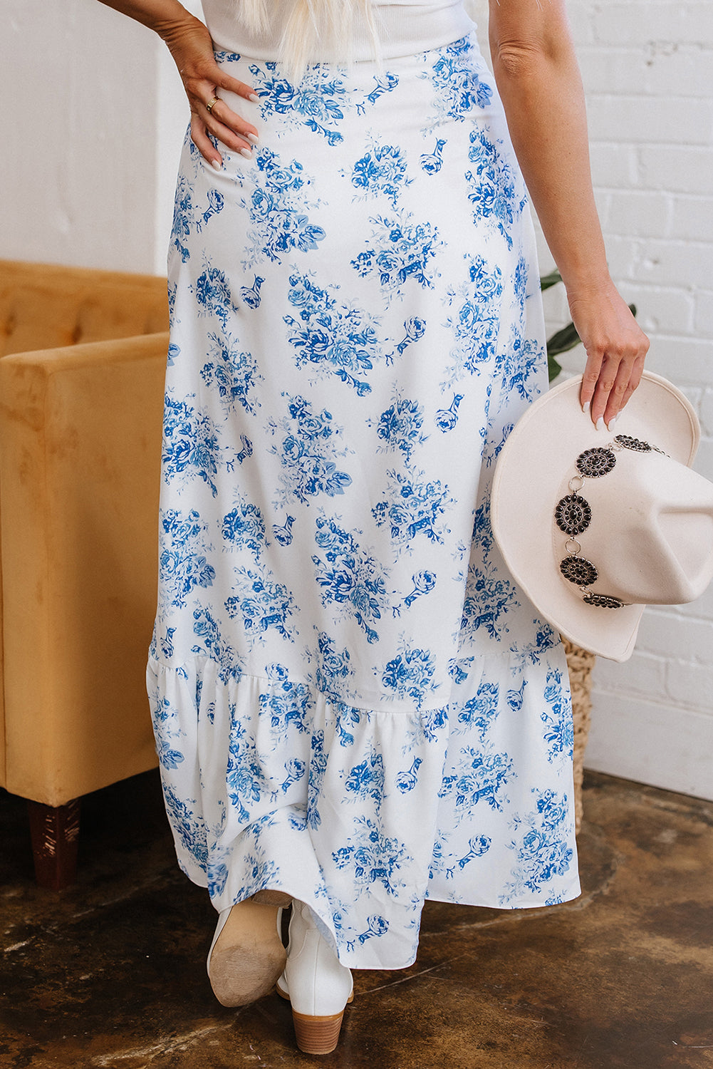 Stacey B's Sky Blue Boho Floral High Waist Ruffle Split Maxi Skirt