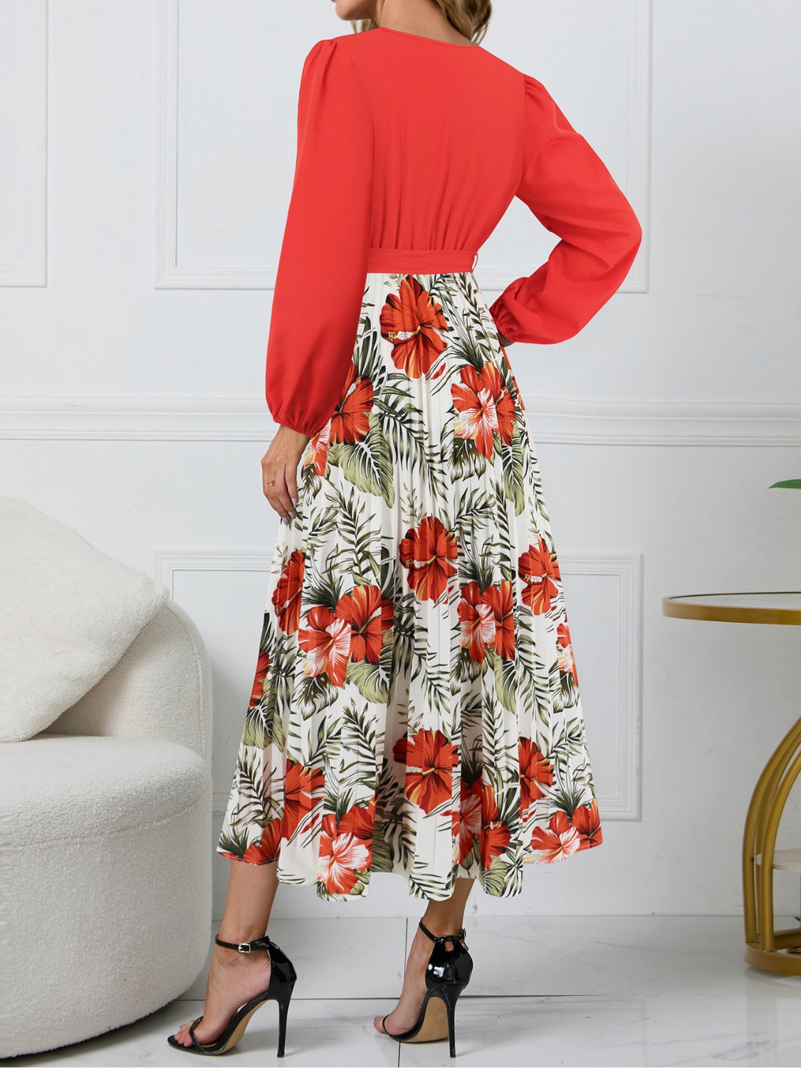 Stacey B's Pleated Printed Surplice Long Sleeve Dress