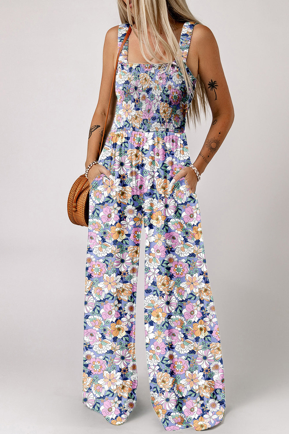 Stacey B's Purple Floral Print Smocked High Waist Square Neck Jumpsuit