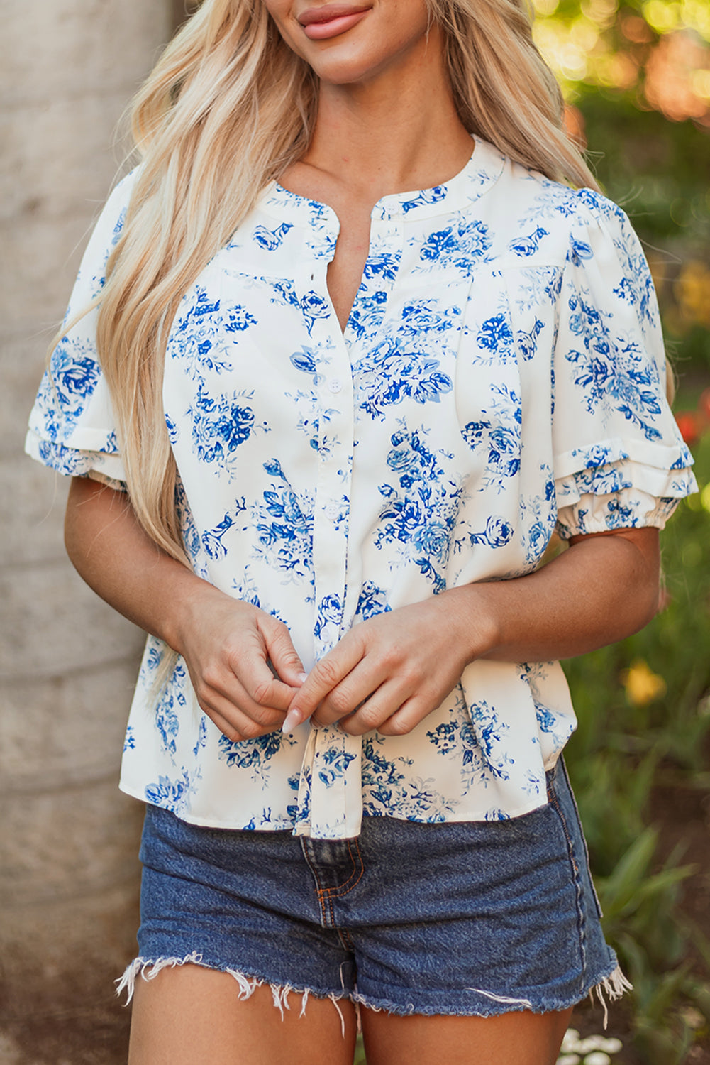 Stacey B's Sky Blue Floral Tiered Puff Short Sleeve Pleated Bust Buttoned Casual Shirt