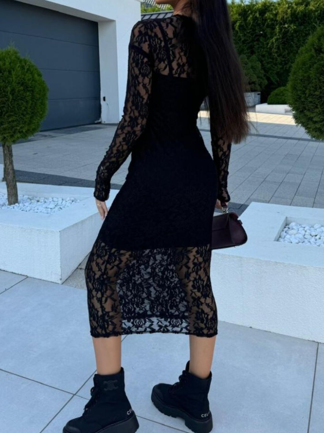 Stacey B's Lace Round Neck Long Sleeve Midi Dress
