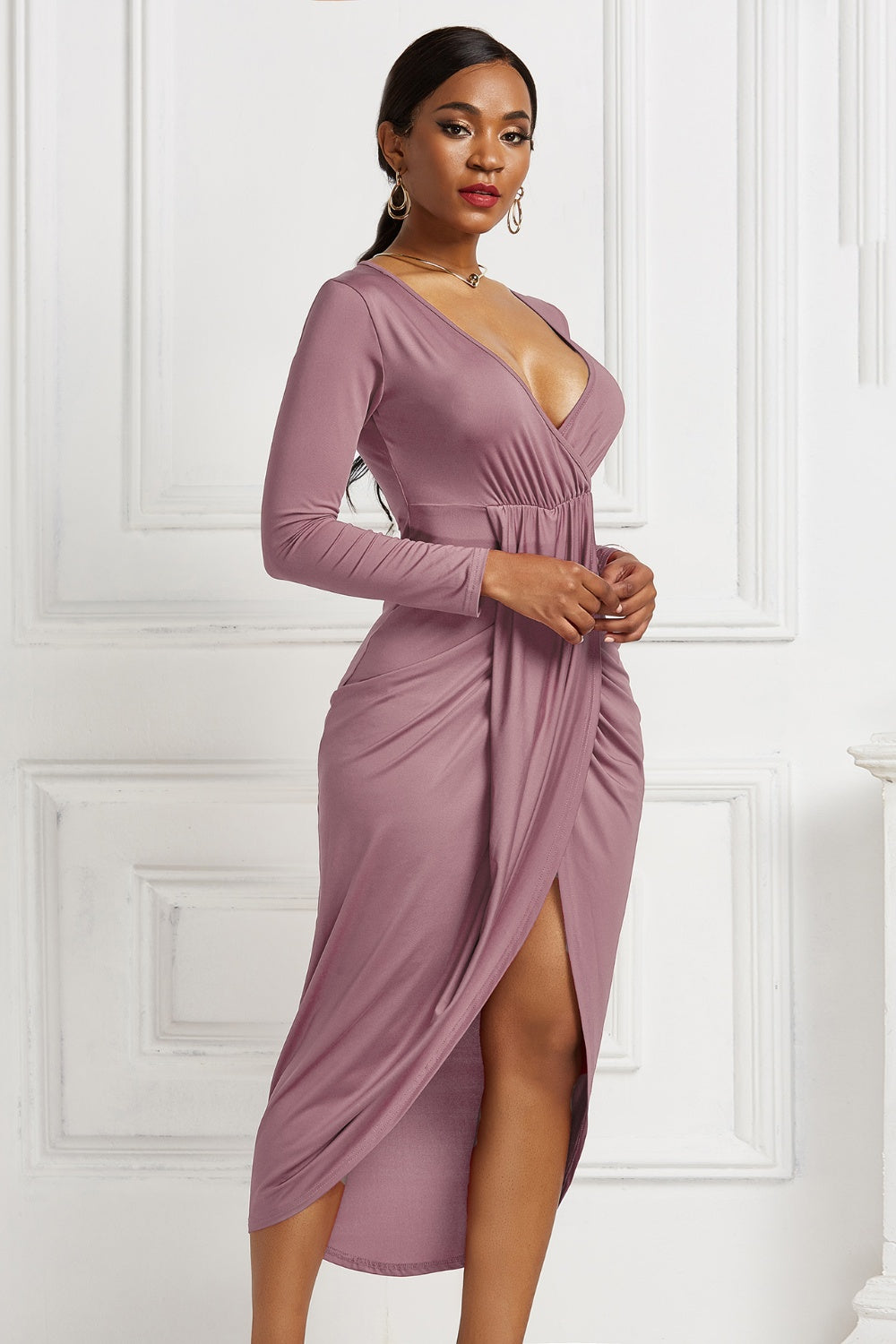 Stacey B's High-low Ruched Surplice Long Sleeve Dress