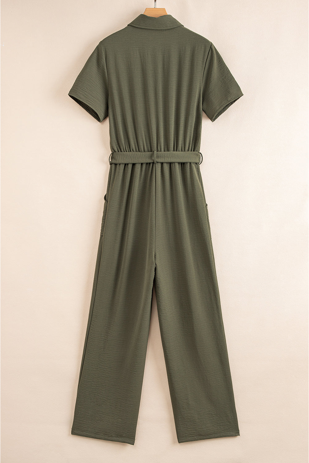 Stacey B's Moss Green Half Button Belted Utility Short Sleeve Jumpsuit