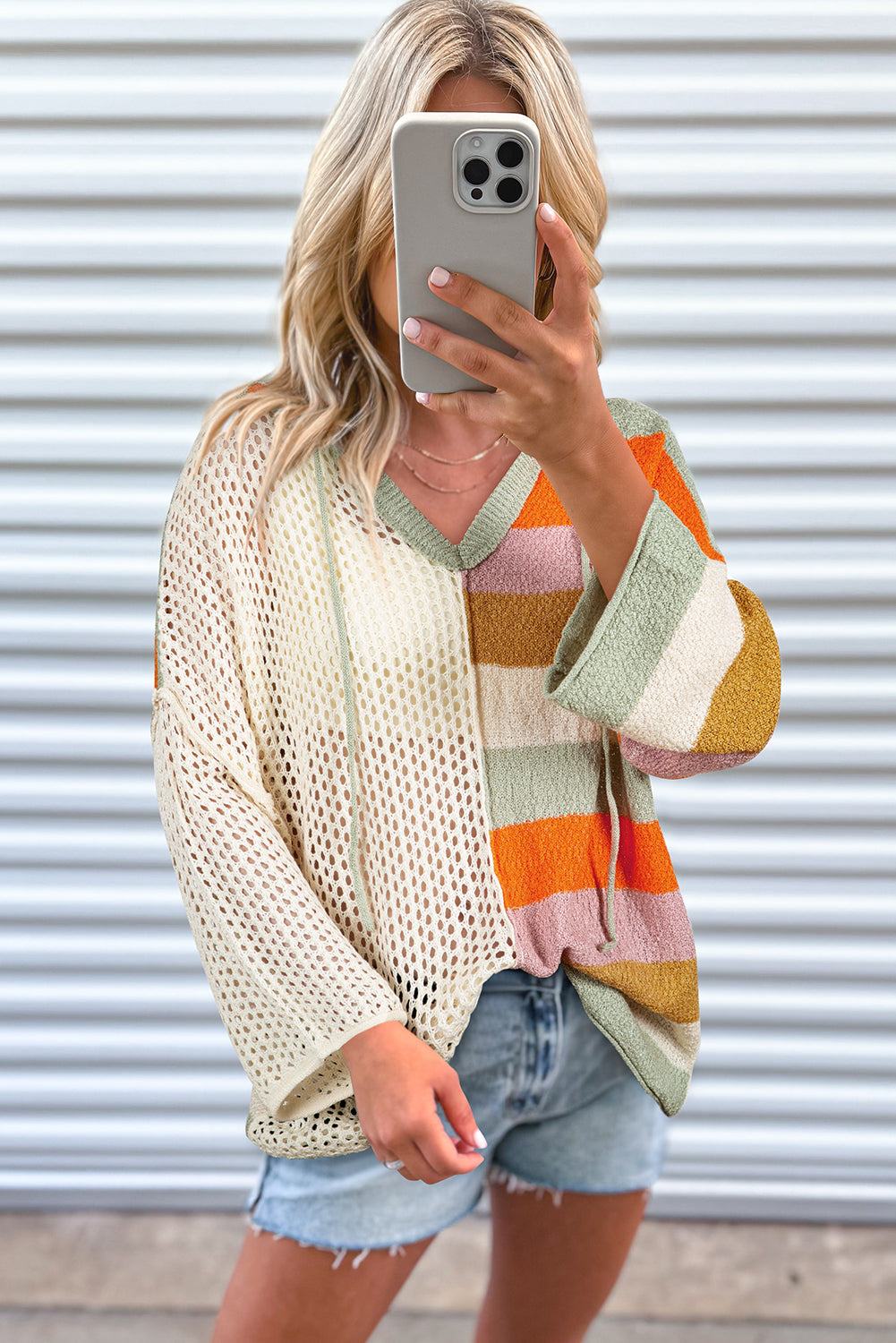 Stacey B's Beige Oversized Colorblock V Neck Hooded Sweater