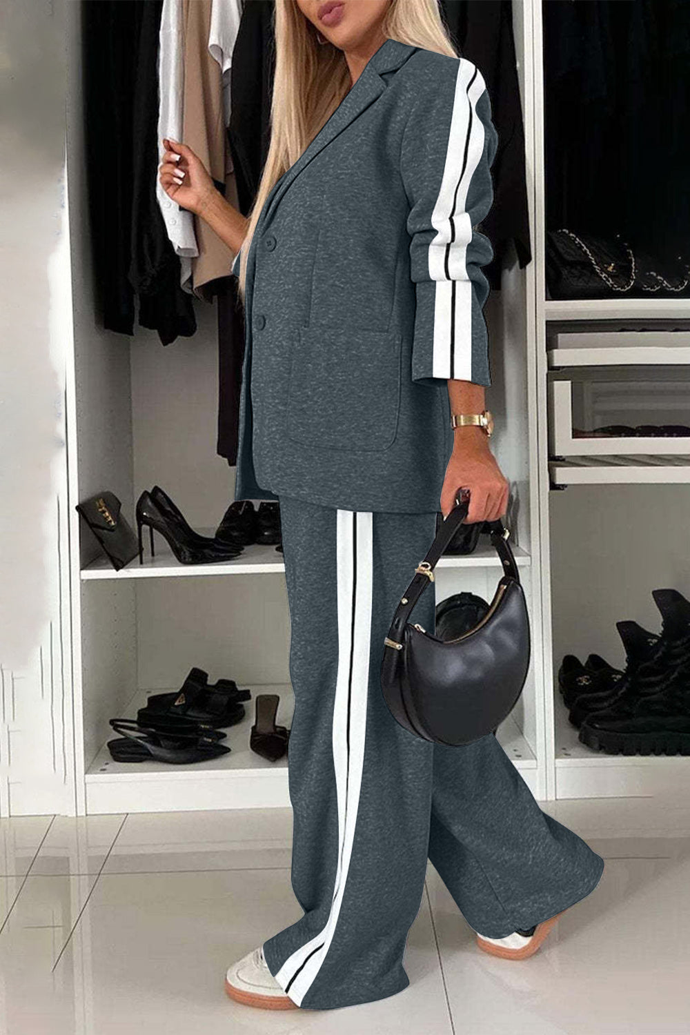 Stacey B's Full Size Contrast Lapel Collar Top and Pants Set
