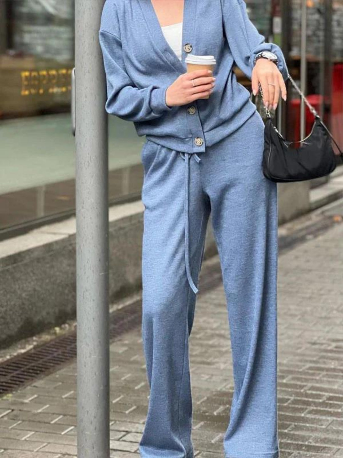 Stacey B's Full Size Button Up Long Sleeve Top and Pants Set
