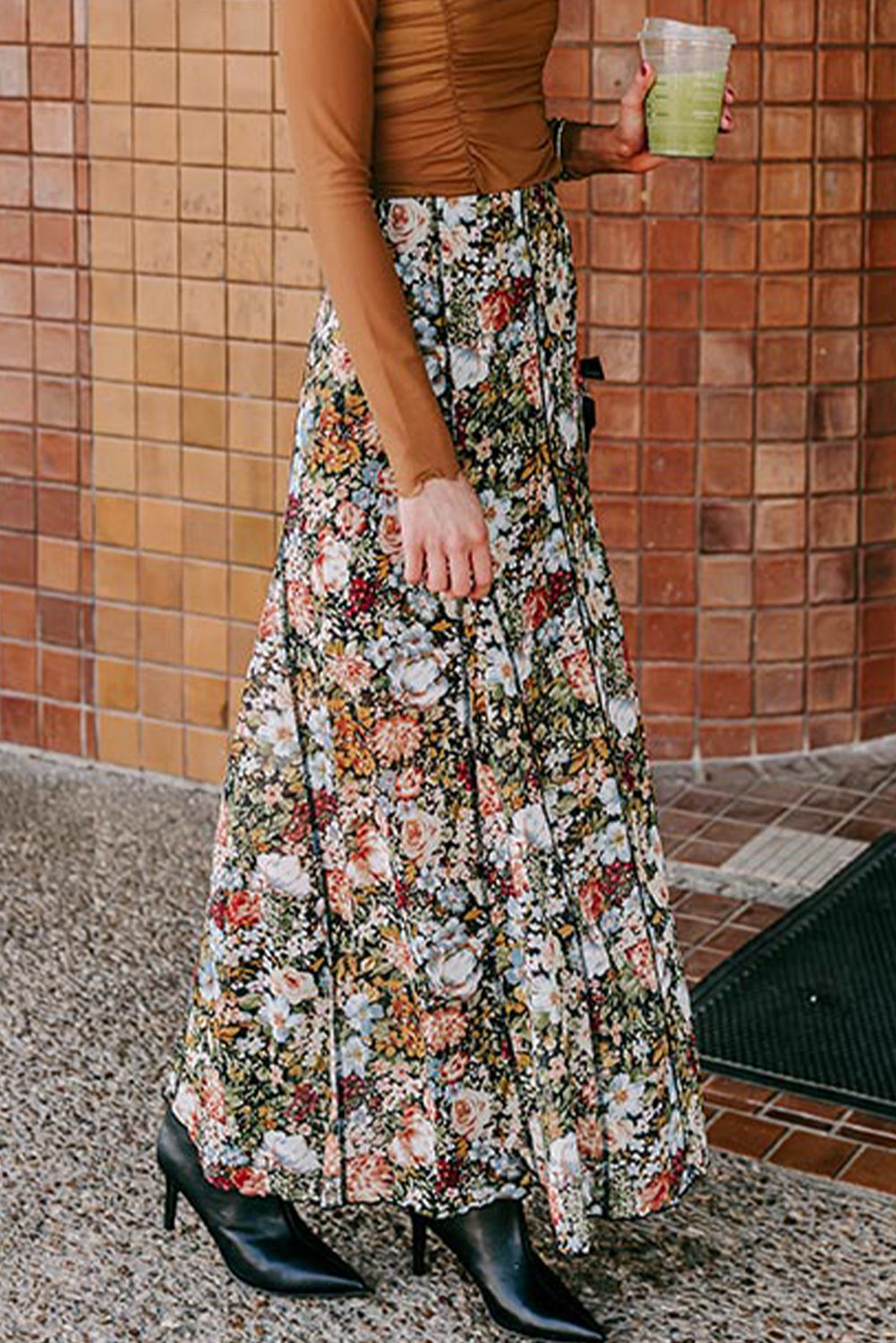 Stacey B's Brown Allover Floral Print Bohemian High Waist Maxi Skirt