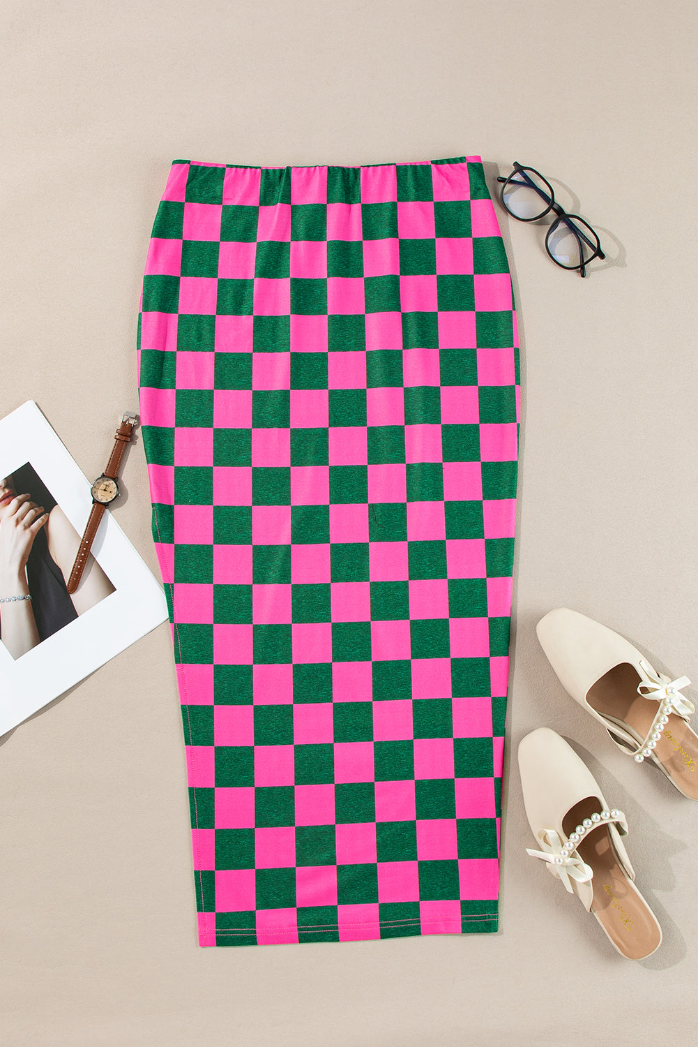 Stacey B's Rose Checkered Print Side Slit Slim Fit Midi Skirt