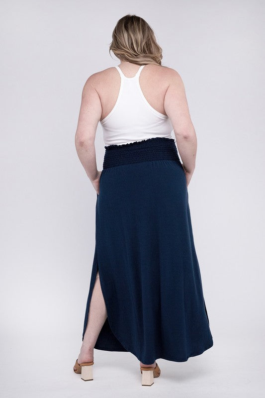 Stacey B's Plus Smocked Waist Side Slit Maxi Skirt w/ Pockets