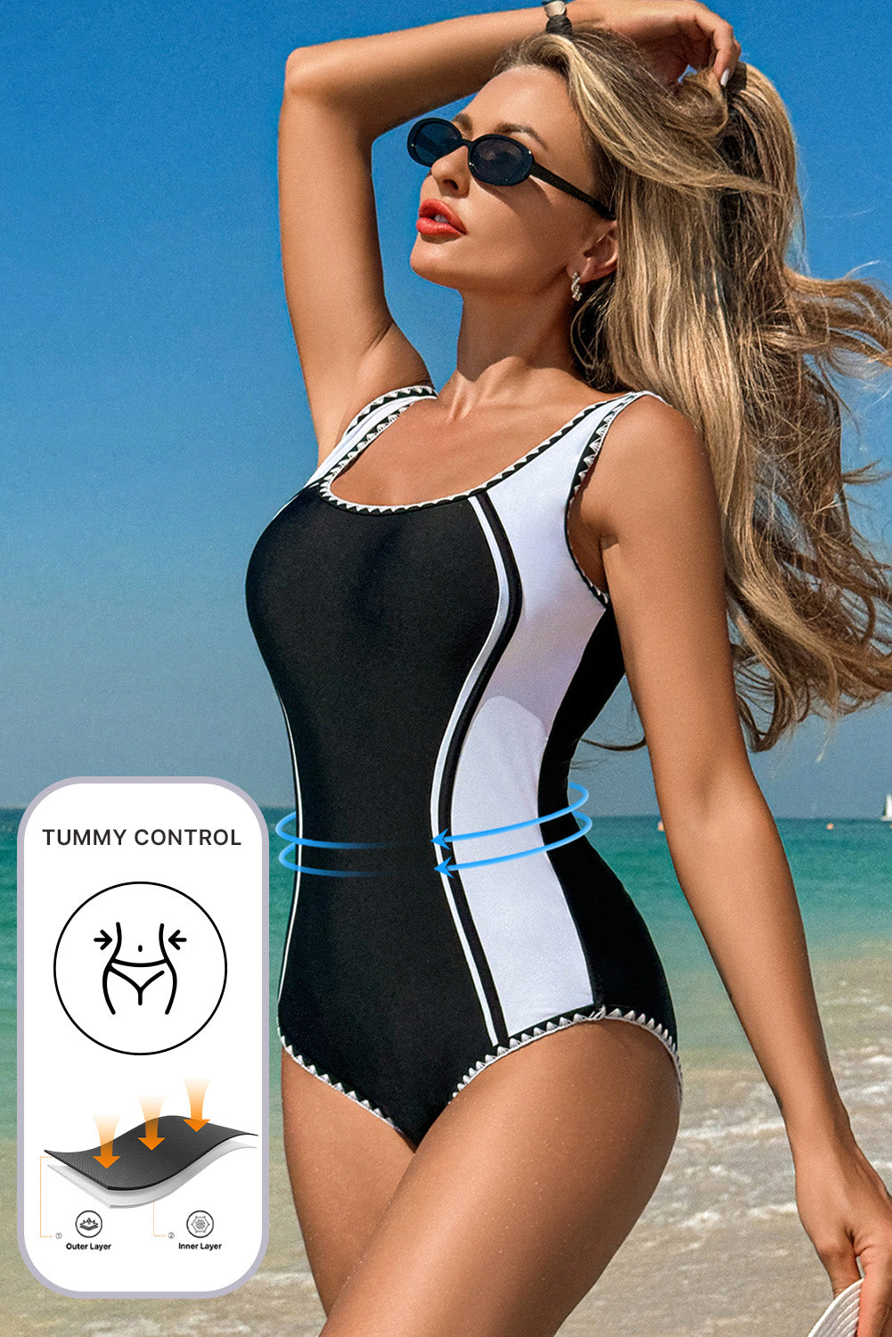 Stacey B's Black Color Block Ric Rac Trim U Neck One Piece Swimsuit