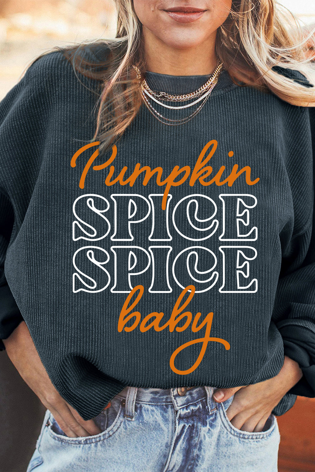Stacey B's Dark Grey Halloween Pumpkin Spice Baby Graphic Textured Sweatshirt