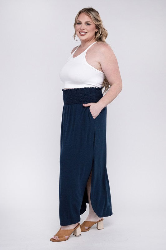 Stacey B's Plus Smocked Waist Side Slit Maxi Skirt w/ Pockets