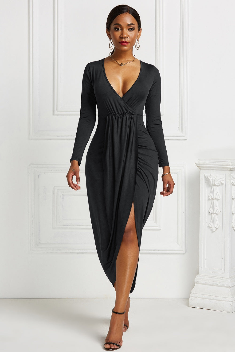 Stacey B's High-low Ruched Surplice Long Sleeve Dress