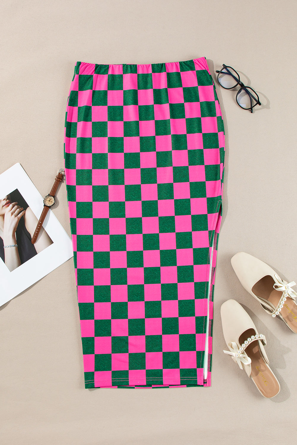 Stacey B's Rose Checkered Print Side Slit Slim Fit Midi Skirt