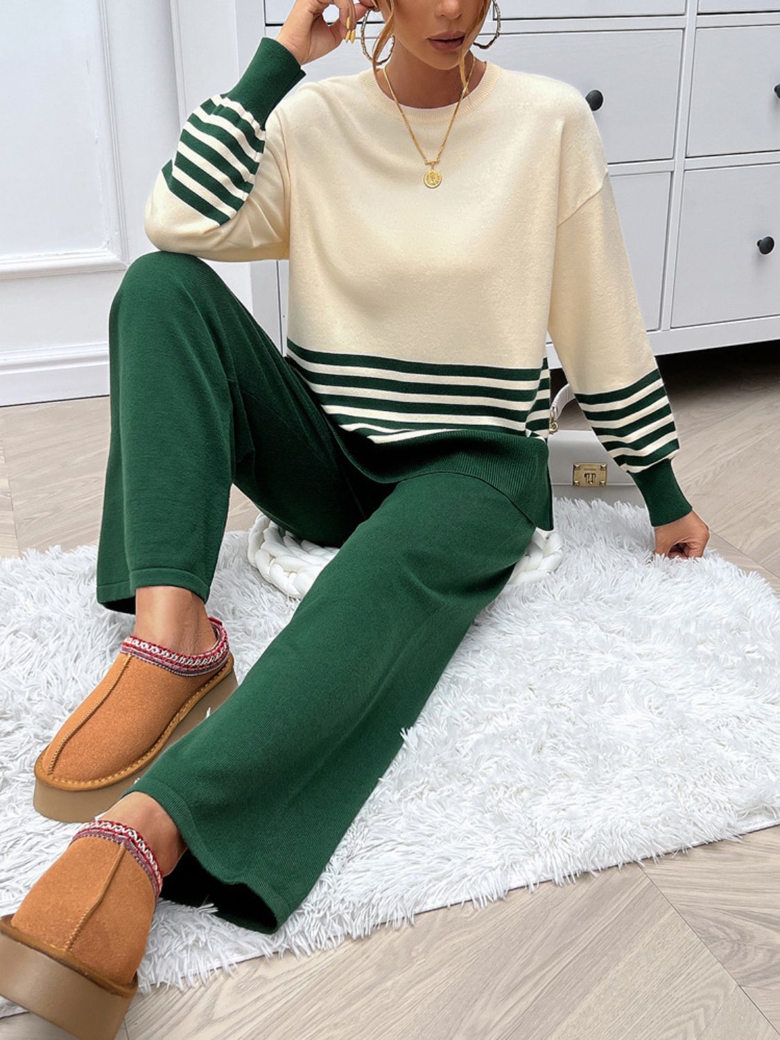 Stacey B's Devine Slit Striped Round Neck Top and Pants Sweater Set