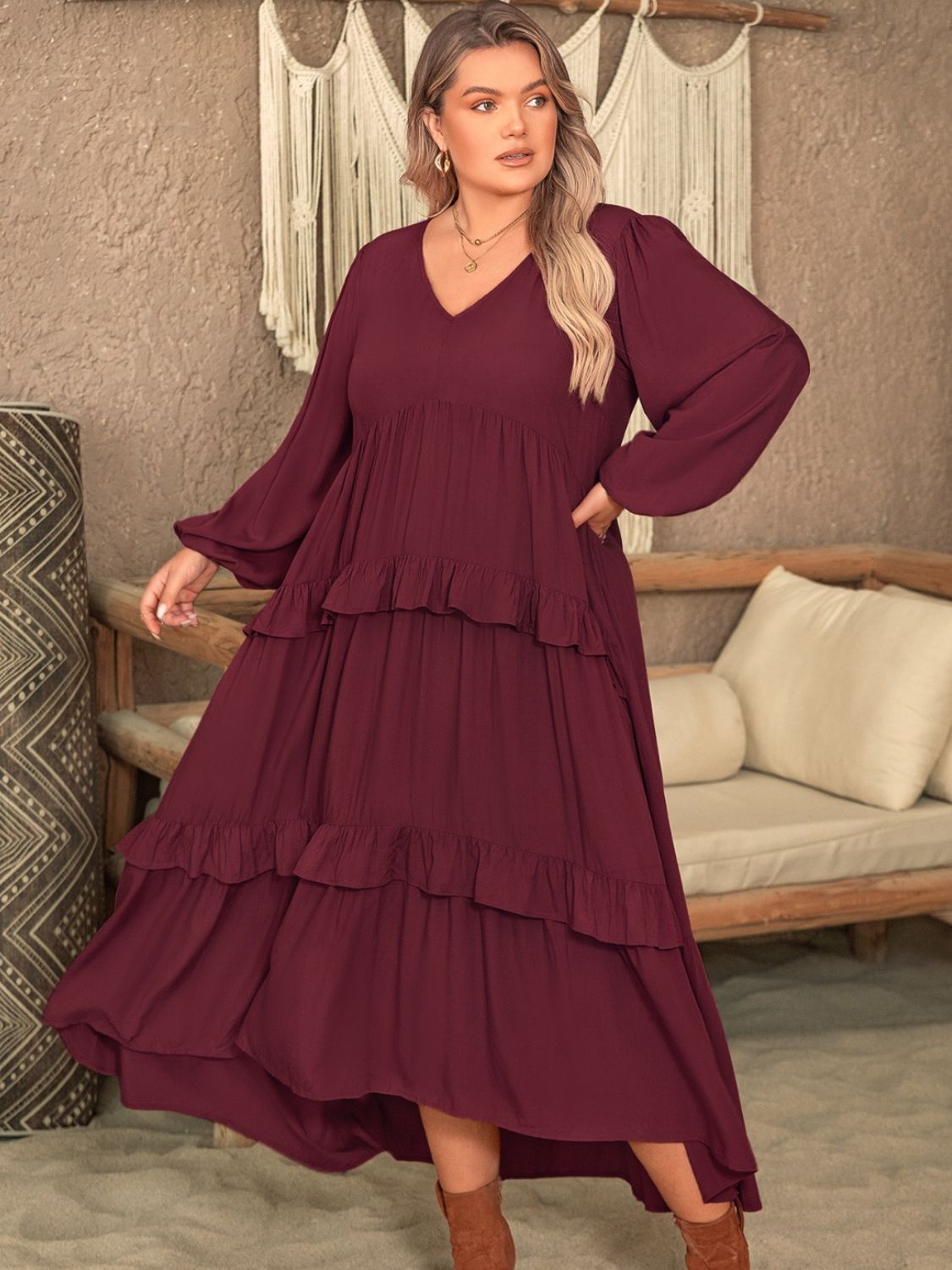 Stacey B's Ruffled V-Neck Long Sleeve Dress
