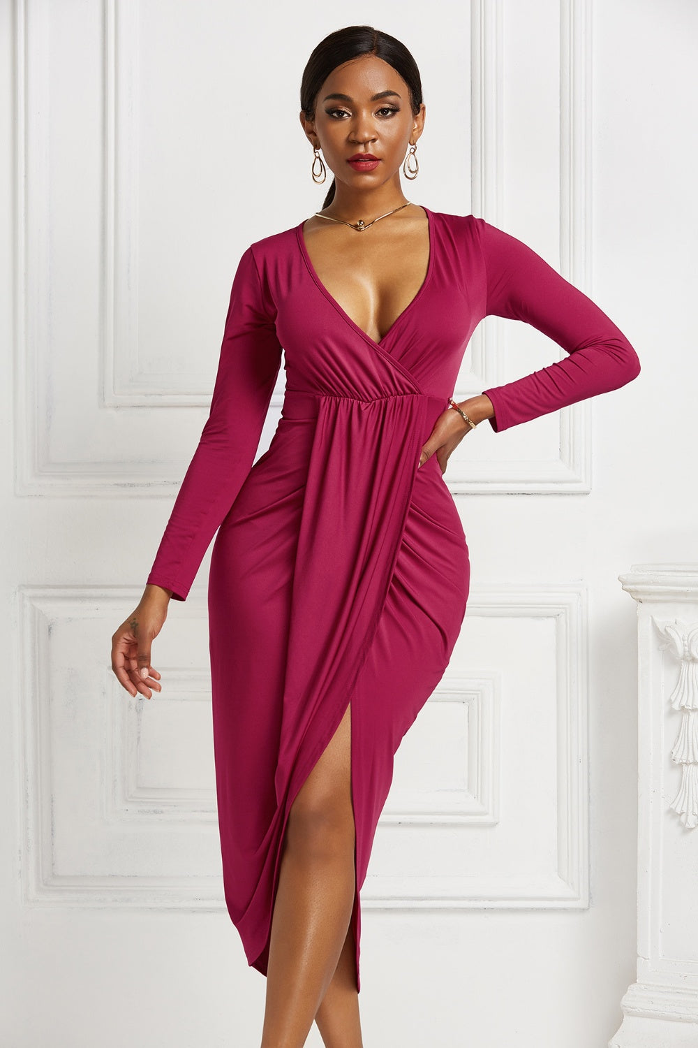 Stacey B's High-low Ruched Surplice Long Sleeve Dress
