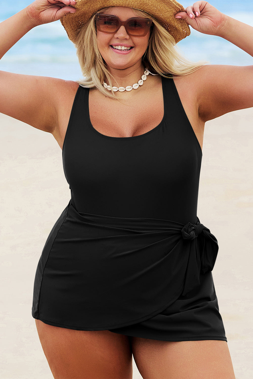 Stacey B's Black Solid Color Square Neck Knotted Plus Size One Piece Swimsuit